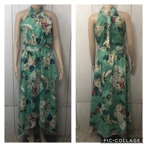 Boutique Green Floral Print Asymmetrical Hem Dress